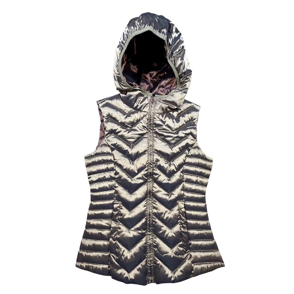 Be By Blanc Noir Down Puffer Vest Womens Small Full Zip Sleeveless Hooded Bronze